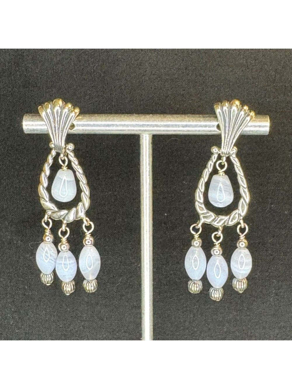 VTG Sterling Silver 925 Banded Agate Dangle Earrings Size 1.75" Length